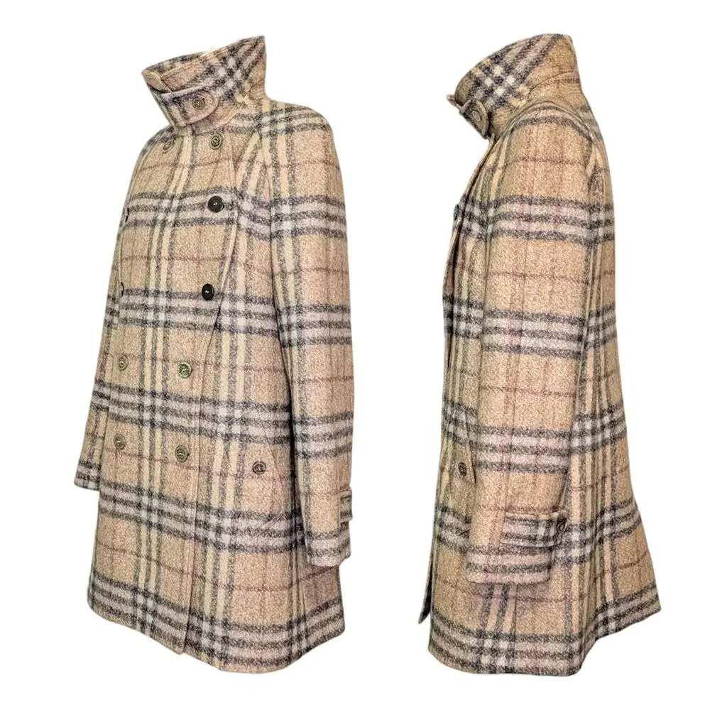 Burberry Nova Check Plaid Wool Double Breasted Long Coat Beige Navy Red 14 - Picture 3 of 11
